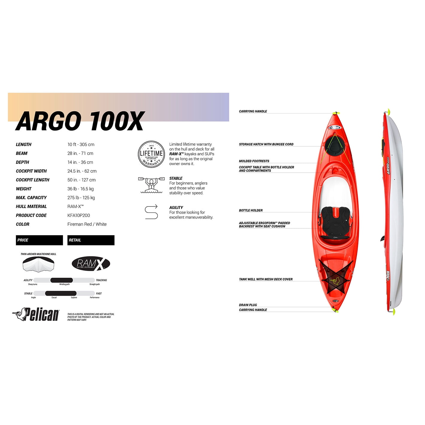 Pelican - Argo 100X - 1 Person Recreational Sit-in Kayak - 10 ft - Fireman Red