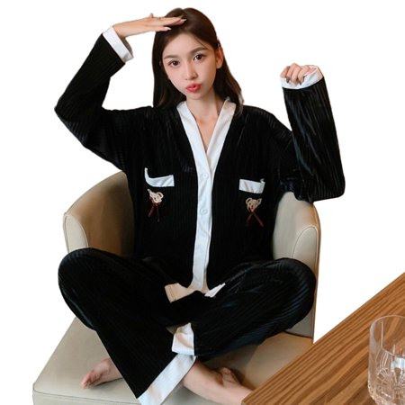 

Women s Flannel Pajamas Set Fashion Fleece Cardigan Long Sleeve Loose Enough To Support You In Any Activity XL Black