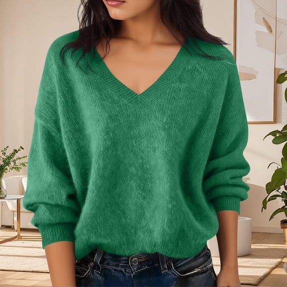 Cadancy Sweaters for Women Pullover V Neck Long Sleeve Cozy Knitted Tops Loose Fit Casual Warm Sweater Drop Shoulder Solid Color Soft Trendy Winter Clothes