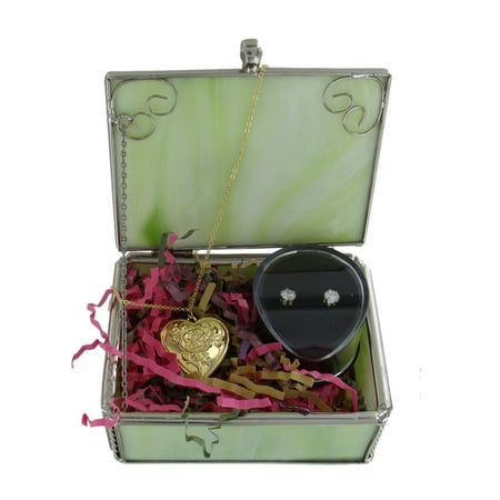 - Women's Jewelry Box Gift Set Gold Tone Locket Pendant and CZ Cubic Zirconia Stud Pierced Earrings
