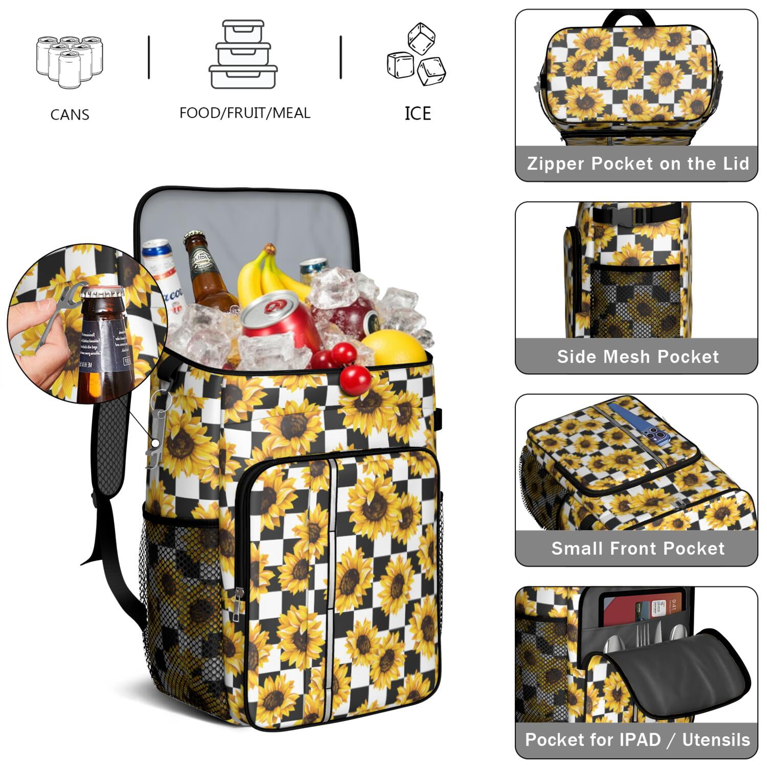 Travel Cooler Bag - Black and White CheckeSunflower Camping Beer Cooler Backpack with Bottle Opener- Waterproof Insulated Picnic Backpacks - Cooler Bag for Beach