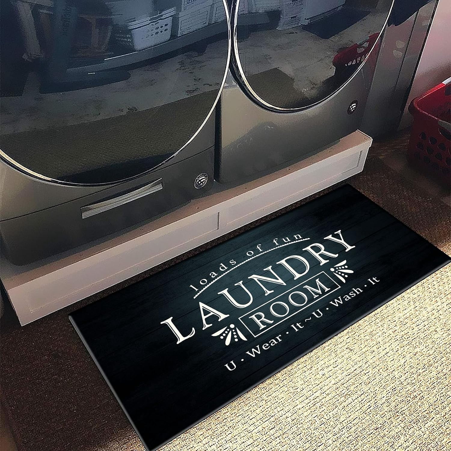 Laundry Room Rug Non Slip Farmhouse Laundry Room Mat 48"X20" Anti-Fatigue Comfort Floor Mat for Washer and Dryer Kitchen Bathroom, Black & Teal