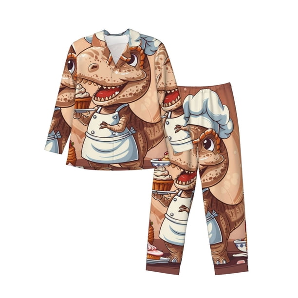 Fotbe Dinosaur Baking Delight Pijama de Hombre con Estampado de Manga Larga, Conjunto de 2 Piezas, Ropa de Dormir Suave y Cómoda con Bolsillos-Small
