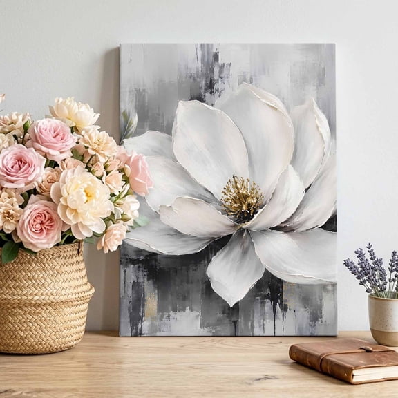 Canvas Wall Art Grey White Floral Canvas Art Print Vintage Minimalist Country Pastoral Flowers Pictures Wall Decor for Living Room Bedroom Artwork Decorations Stretched Framed Ready to Hang 20"x30"
