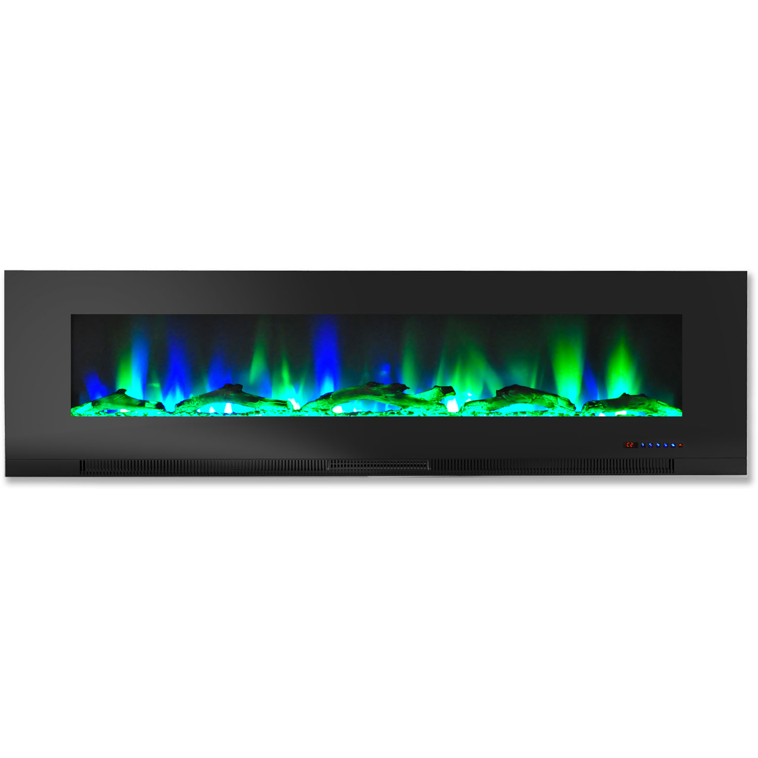 Hanover 60 In. Wall-Mount Electric Fireplace in Black with Multi-Color Flames and Driftwood Log Display