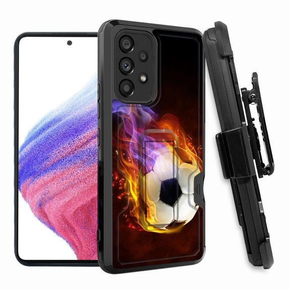 ANJ  Rugged Shockproof Hoster Case w/Card Slot, Kickstand   Tempered Glass Cover for Samsung Galaxy A33 5G - Flame on Soccer