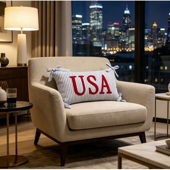 erdimoy 4th of July Patriotic USA Lumbar Pillow, 24"x14" Blue Stripe Decorative Cushion with Red Chenille Letters for Independence Day Home Decor