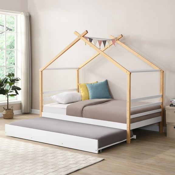 Twin Size Daybed with Trundle, Gexpusm Solid Wood Daybed Frame with Roof, Bedroom Living Room Twin Bed Frame for Teens, White and Natural
