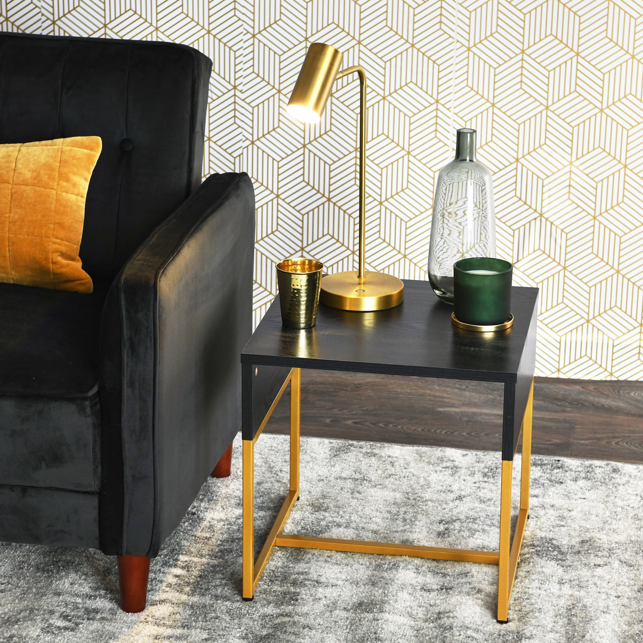 Household Essentials Wrap Square Side End Table Black Oak Wood Grain and Gold Metal