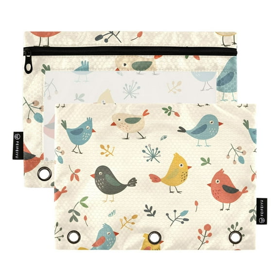 Cartoon Bird and Leaf 2 Pack Pencil Pouch for 3 Ring Binder Smooth Zipper Folders with Pockets Clear Window Pencil Case