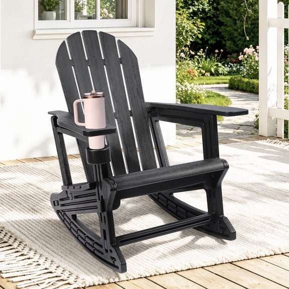 GVDV Adirondack Rocking Chair with Cup Holder, HDPE Adirondack Rocker, Patio Rocking Chair for Porch, Patio, Outdoor, Weather‑Resistant, Black