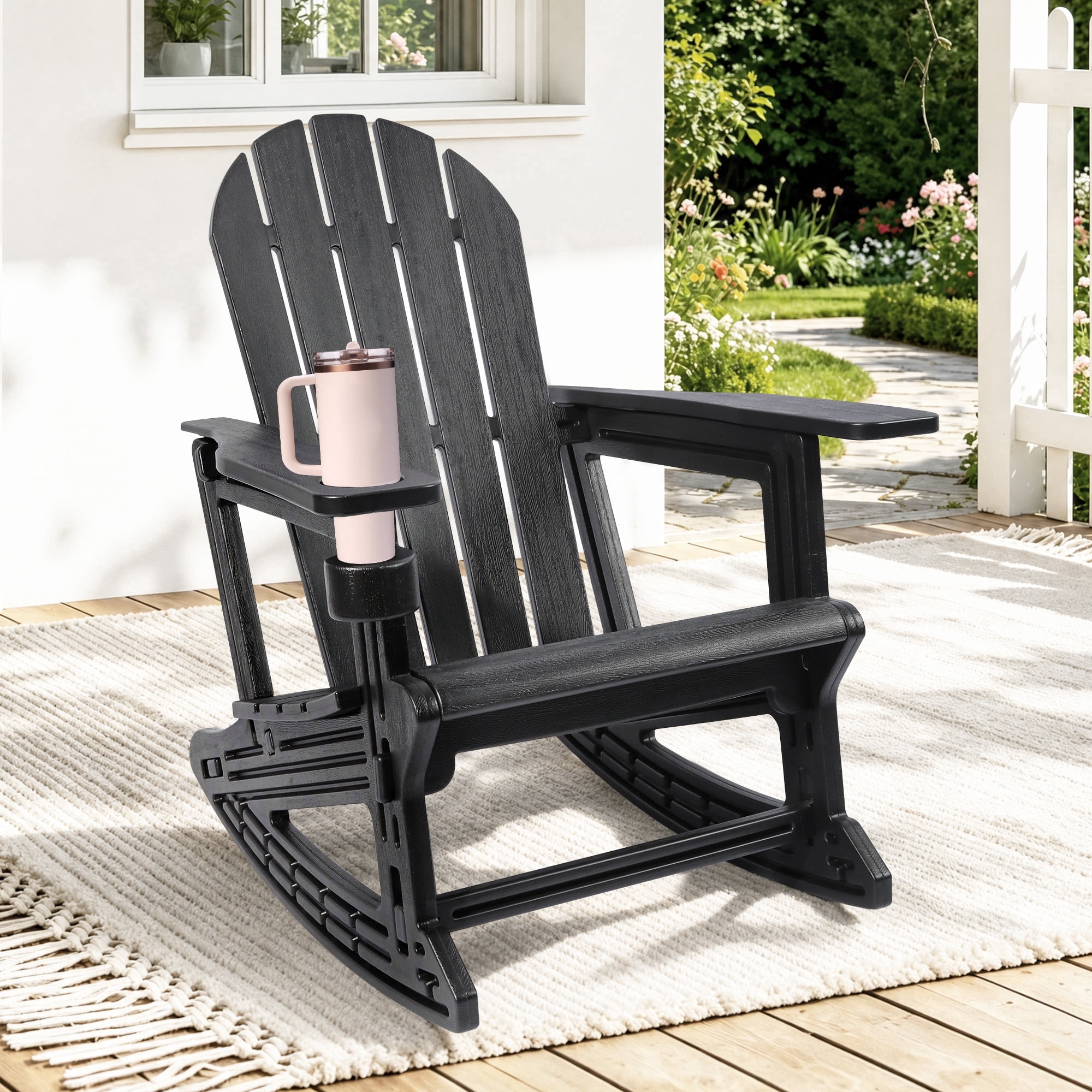 GVDV Adirondack Rocking Chair with Cup Holder, HDPE Adirondack Rocker, Patio Rocking Chair for Porch, Patio, Outdoor, Weather‑Resistant, Black