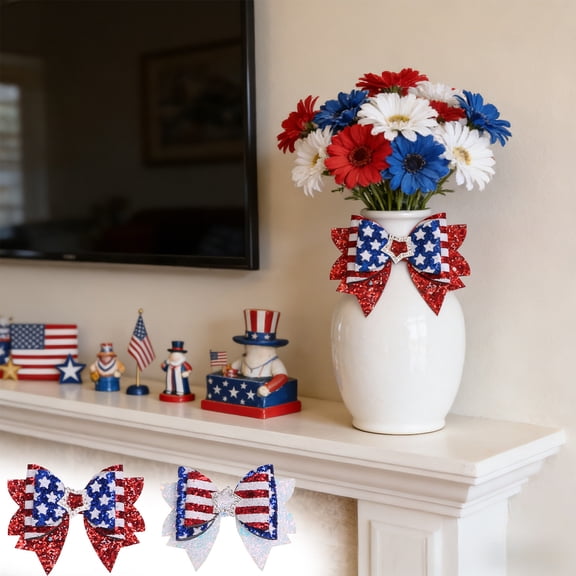 AZXY 4th of July Bows, 3.93" Red White Blue Stars Stripes Patriotic Iridescent Glitter Bow with Rhinestone Star, Small Patriotic Bows for Gift Wrapping, Independence Day Party Home Decorations