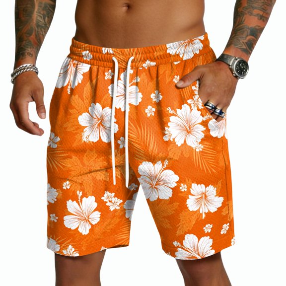 Boyscolos Mens Casual Shorts Hawaiian Print Drawstring Elastic Waist Short Pants Quick Dry Beach Shorts with Pockets Blue L