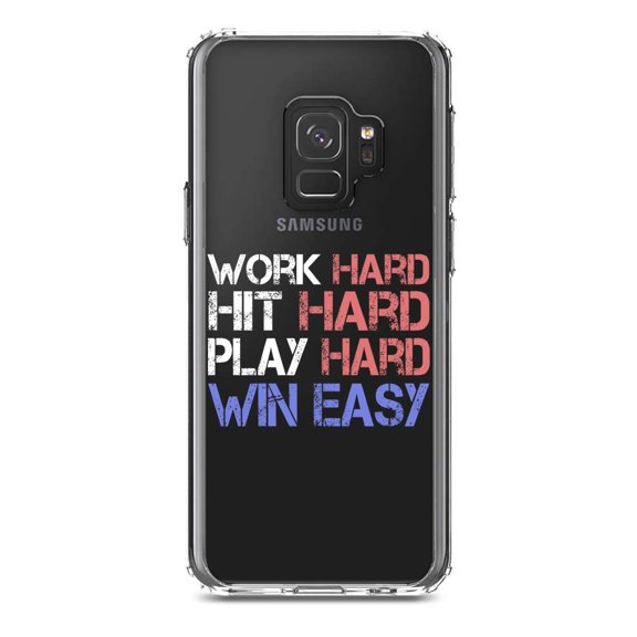DistinctInk Clear Shockproof Hybrid Case for Samsung Galaxy S9 (5.8" Screen) - TPU Bumper Acrylic Back Tempered Glass Screen Protector - Work Hard Hit Hard Play Hard Win Easy