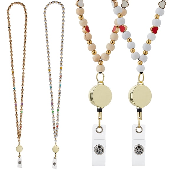 2 Colors Lanyards for Id Badges Heart Wood Beaded Teacher Lanyards Cute Beaded Lanyard Badge Holder Bead Lanyard with Retractable ID Badge Reel for Keys School Office Work 54cm/21.3"