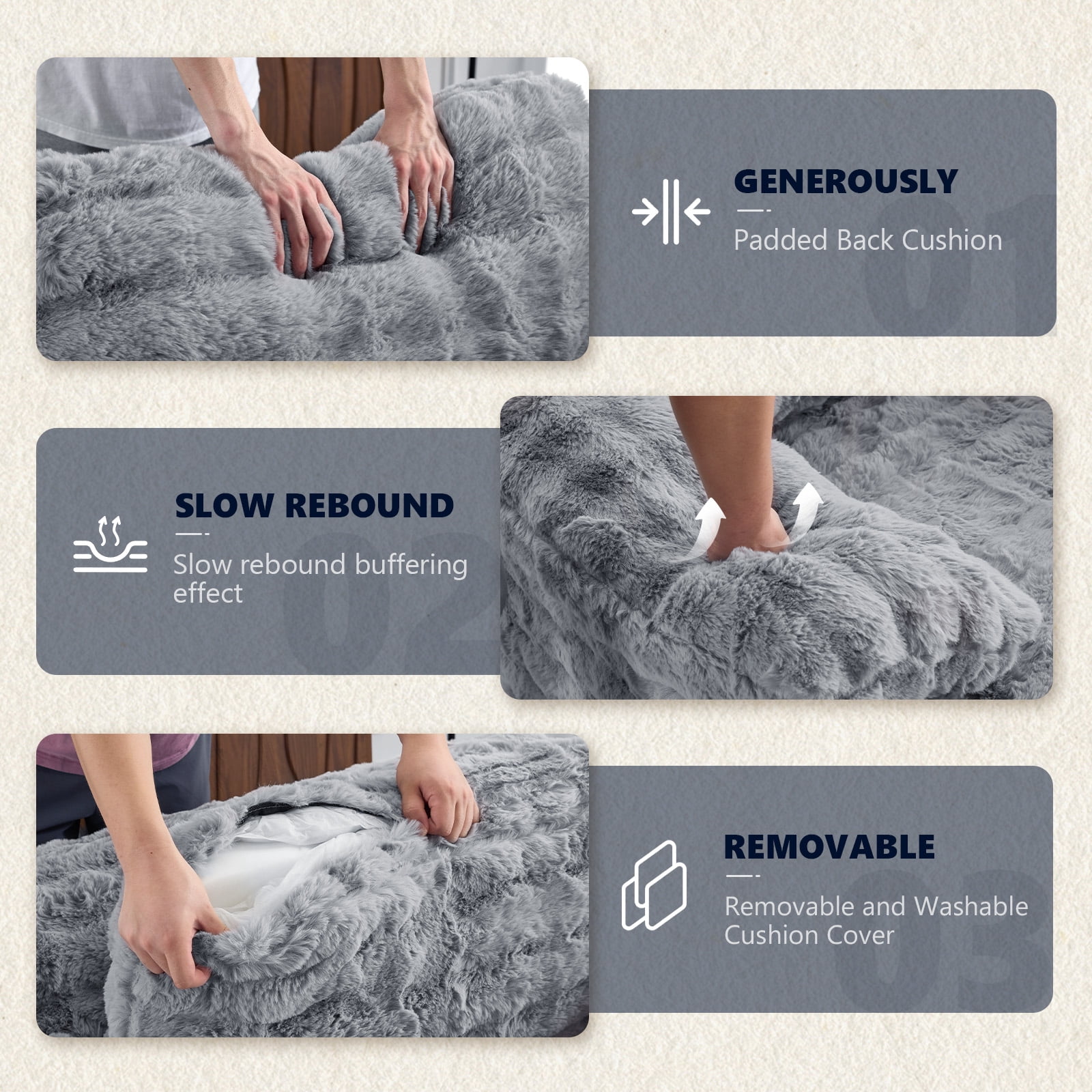 Ktaxon 68" Lounge Chair, Bubble Fleece Fabric Sofa Bed, Boneless Sleeper Chaise with Removable Backrest & Pillow-Top Armrests for Living Room Light Gray