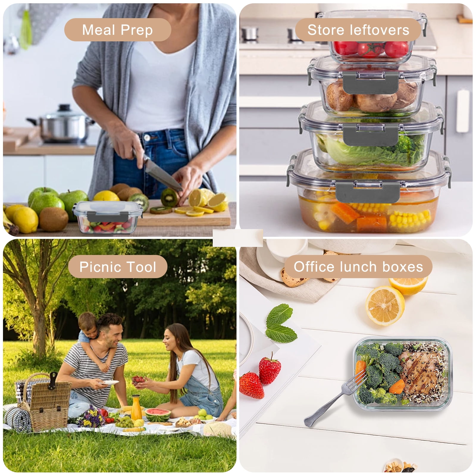 stusgo 12 Pcs Glass Storage Containers with Lids, Reusable for Kitchen Organization (12 Pcs,Gray)