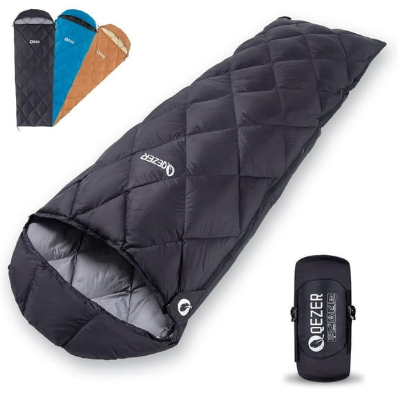 QEZER Ultralight Down Sleeping Bag for Adults, Teens, 40-61℉ 600 Fill Power Backpacking with Compression Sack(Black)