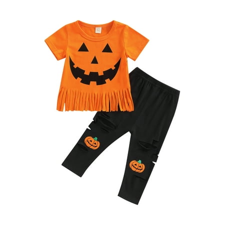 

Karuedoo Halloween Baby Girl Clothes Funny Face Print Short Sleeve Tassel Tops+Ripped Pumpkin Pants Set Orange 4-5 Years