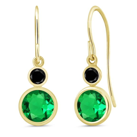 Gem Stone King 14K Yellow Gold Green Nano Emerald and Black Diamond Drop Dangle Earrings for Women (1.74 Cttw, Gemstone May Birthstone, Round 6MM and 3MM)