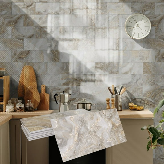 8Pcs Waterproof Peel and Stick Wall Stickers Tiles 8" x 4" Gray Brown Marbling PVC Decals Kitchen Backsplash DIY Decor