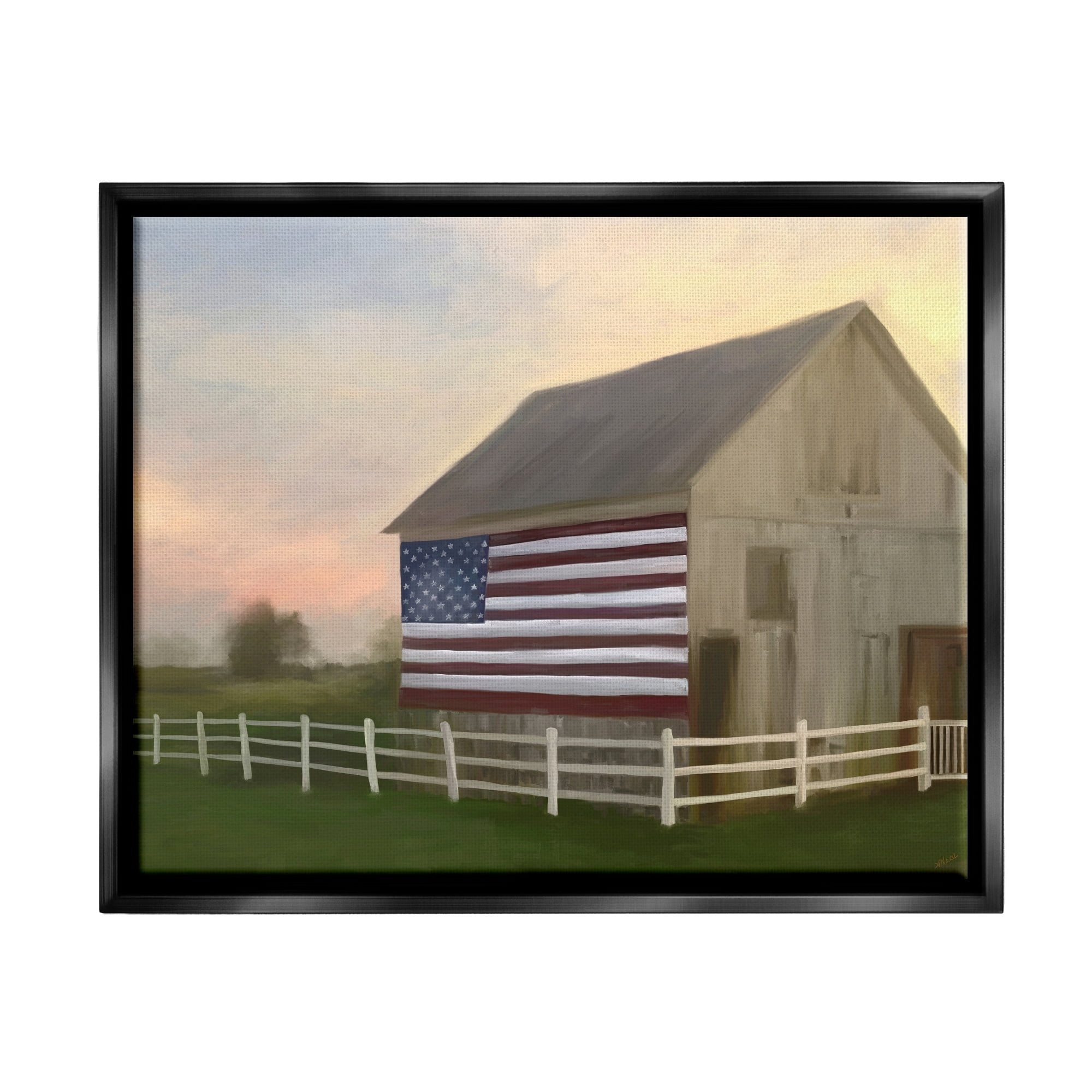 Stupell Industries American Flag Rural Barn Sunset Farm Landscape Painting Metallic Gold Floating Framed Canvas Print Wall Art, Design by Amy Hall