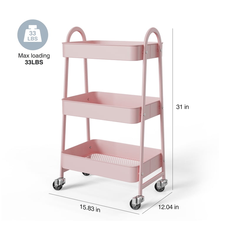 edx 3-Tier Metal Rolling Cart with Mesh Baskets, Pink photo 2