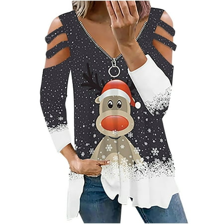 

Womens Tops Oversized T Shirts for Women Women s Trendy Short Sleeve V-Neck Tops Zipper Christmas Printed Blouse Tops Backless Top White Crop Top Clearance on Sales Black 3XL