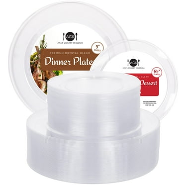 Aya's 100 Clear Plastic Plates Disposable, Heavy-Duty Plastic Plates - 50 Plastic Dinner Plates 9"   50 Salad, Dessert, Appetizer Plates 6.25" for Weddings - Clear Plates for Christmas Holiday Party