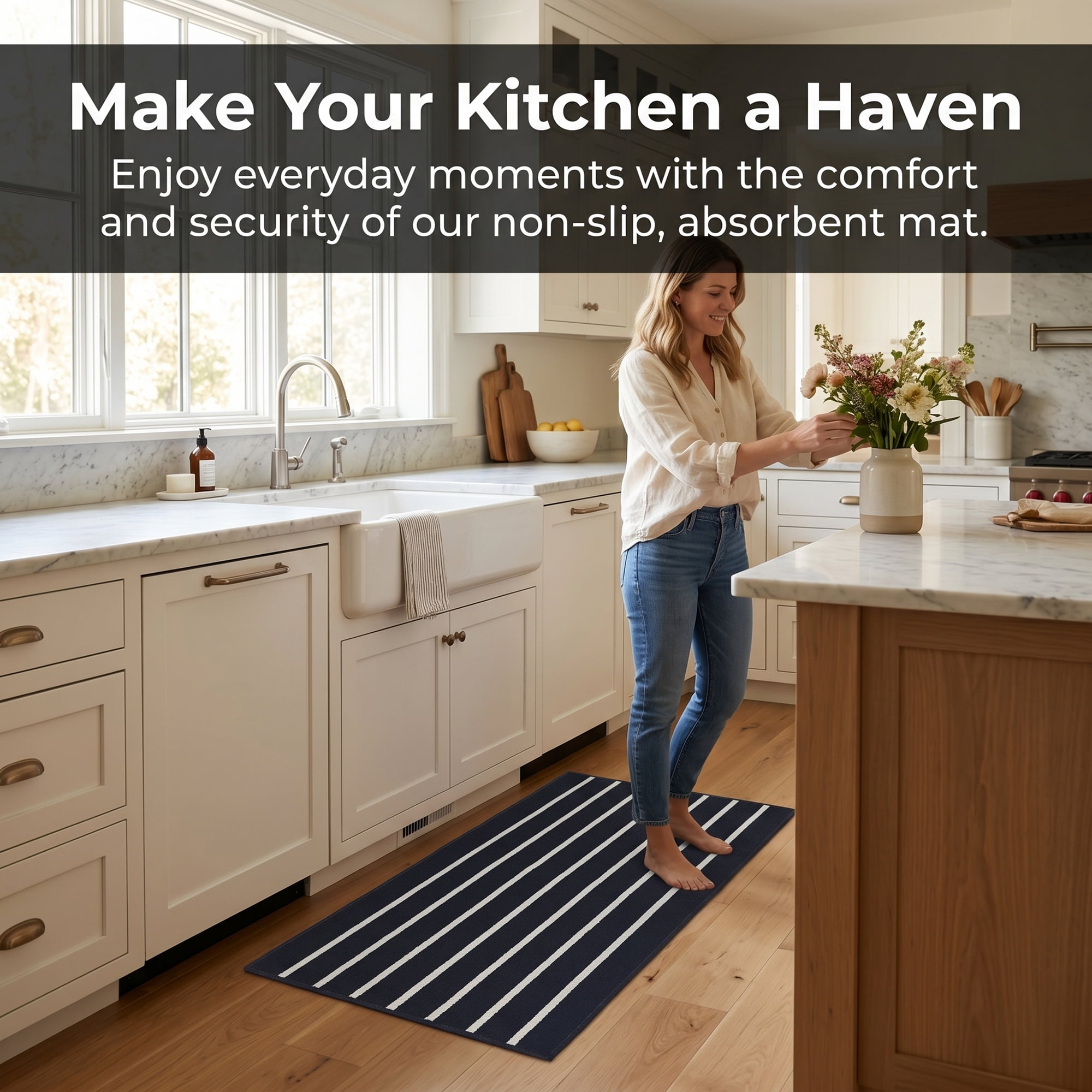 Unique Bargains Polypropylene Striped Non Slip Kitchen Runner Rug Black 47" x 20"
