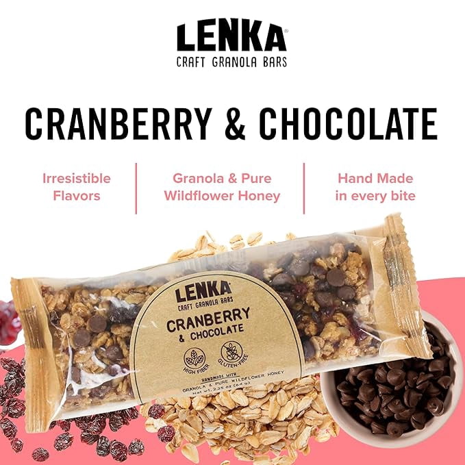 LENKA Handmade Craft Granola Bars - Cranberry Chocolate Gluten Free High Fiber - Nutritious Snack Bar with Chewy Granola - 12 Pack