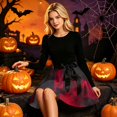 thumbnail image 4 of Dresses for Women 2026 Crew Neck Halloween Printed Long Sleeve Hepburn Dress Flowy Casual Cocktail Swing Sundress Black XL, 4 of 6