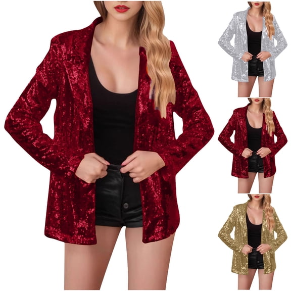FRSASU Women's Sequin Jackets Open Front Blazer Jacket Casual Long Sleeve Glitter Sparkly Cardigan Coat Silver