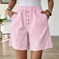 thumbnail image 2 of Qgtaibl Elastic High Waist Striped Shorts for Women Cotton Linen Gauze Breathable Lounge Shorts Button Front Loose Fit Summer Shorts with Pockets Pink M, 2 of 8