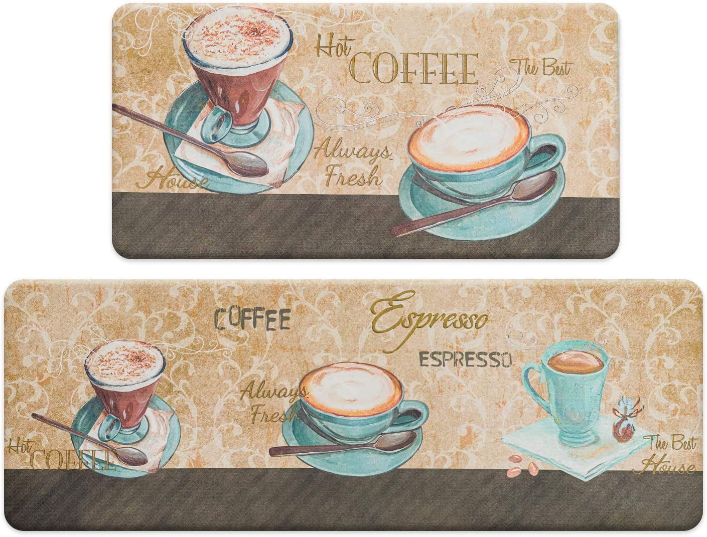 Coffee Theme Kitchen Rug Set 2 Pieces, Cushioned AntiFatigue Kitchen
