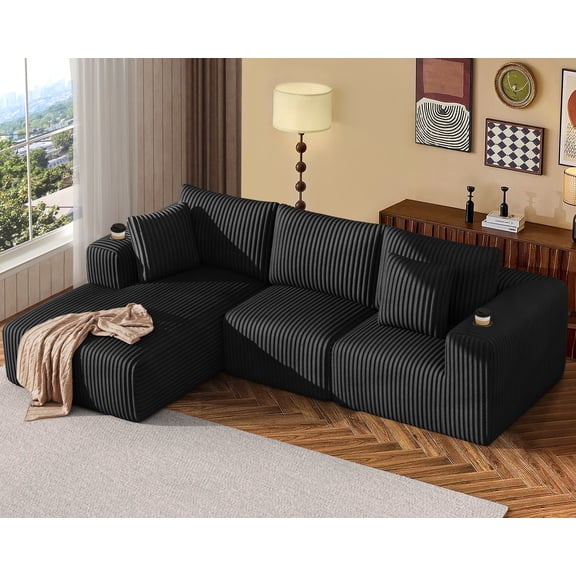 Modular Sectional Sofa, Cloud Boneless Couch with Deep Seat, Cup Holder, Memory Foam, Corduroy L Shaped Couch Convertible Sofa Bed for Living Room Bedroom, No Assembly Required