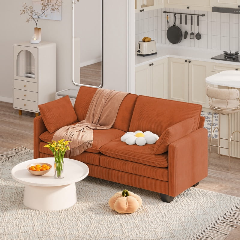 2-Seater Cloud-Like Loveseat Sofa - Double-Layer Upholstered Cushions, Pet-Friendly Corduroy Couch for Bedroom, Living Room & Apartment, Orange