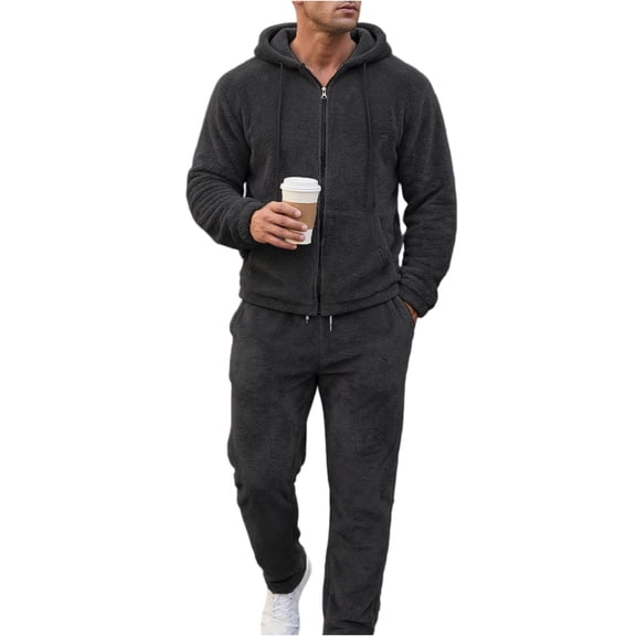 Mens Full Zip Fleece Hooded Tracksuit Set Two Piece Outfit with Drawstring Sweatpants and Long Sleeve Jacket for Casual Wear