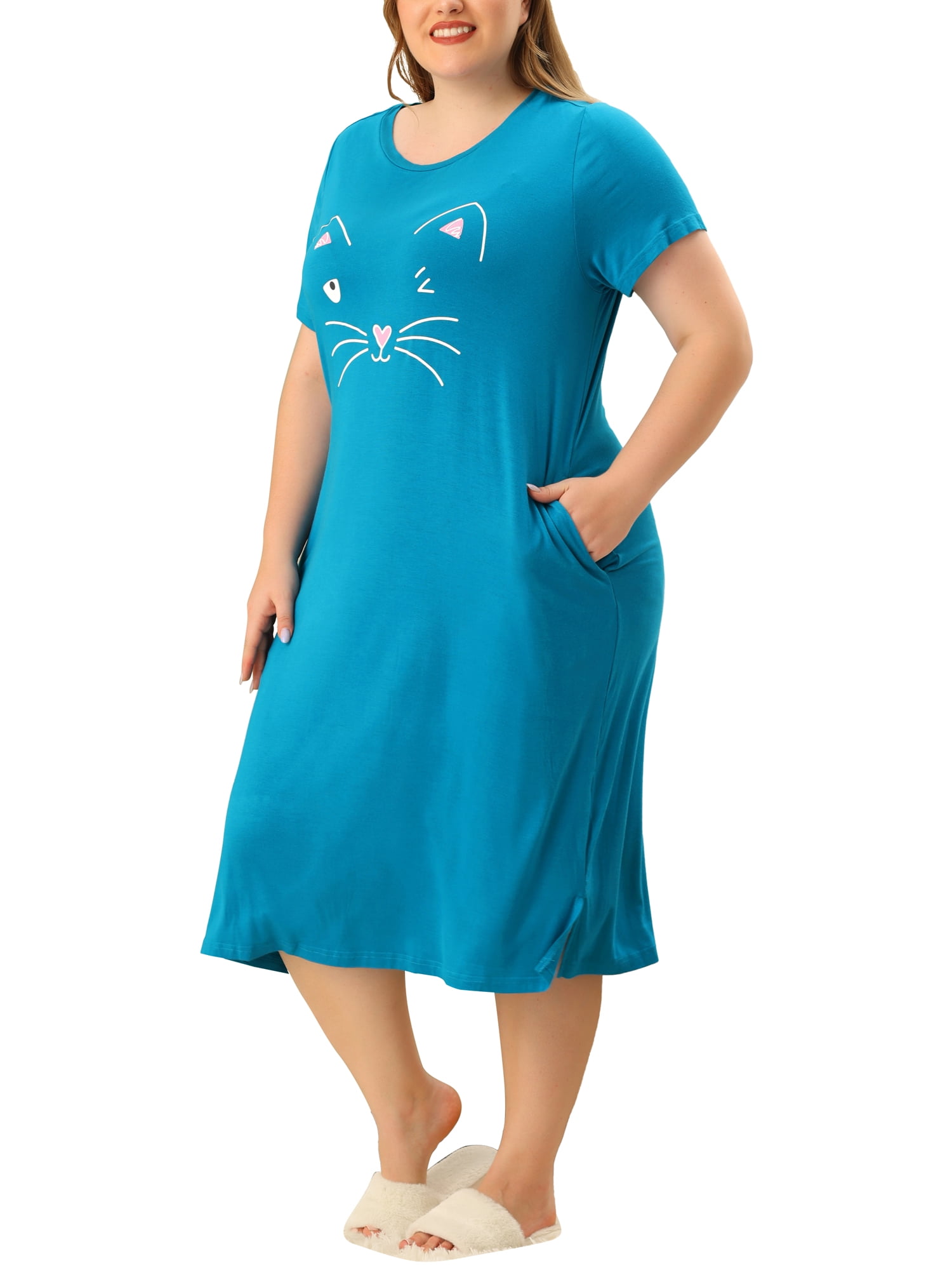 Unique Bargains Women's Plus Nightgown Short Sleeve Cat Print Nightshirt
