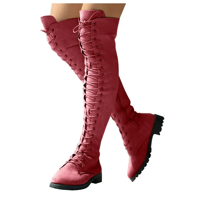 Leozcaa Cuissardes pour Femmes pour Femmes à Lacets Bottes Hauteur Genou Style Combat Talon Épais Bas Longues Hautes
