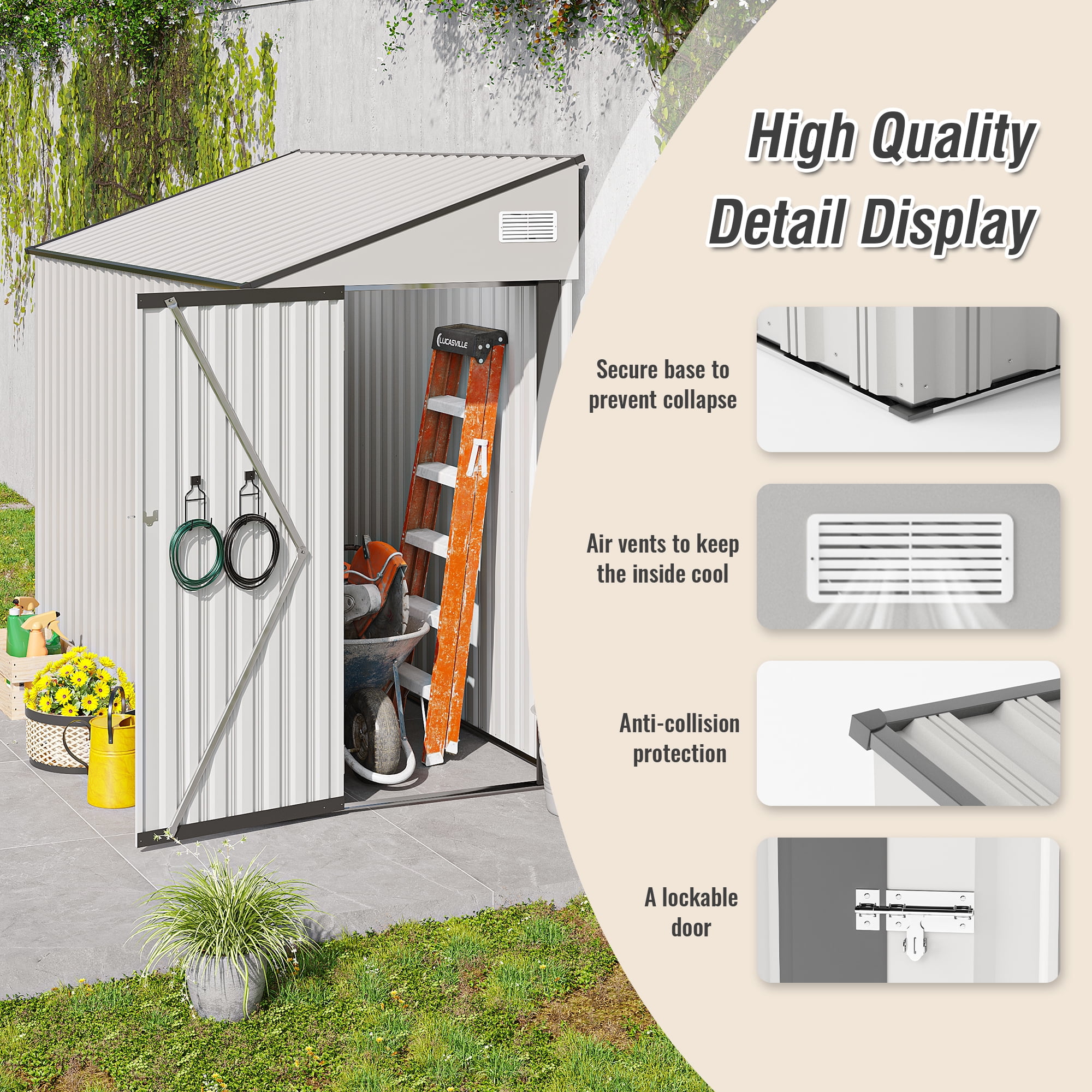4x8 FT Outdoor Storage Shed Side, Metal Garden Shed with Lockable Hinged Door, Lean to Shed with 6 Air Vents, Outside Tool Shed with Sloped Roof, Waterproof Storage Building for Backyard, Patio