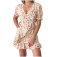 thumbnail image 1 of Vestido de verano con cordones y volantes con estampado floral de manga corta con cuello en V para mujer Fridja  bnh3916, 1 of 9