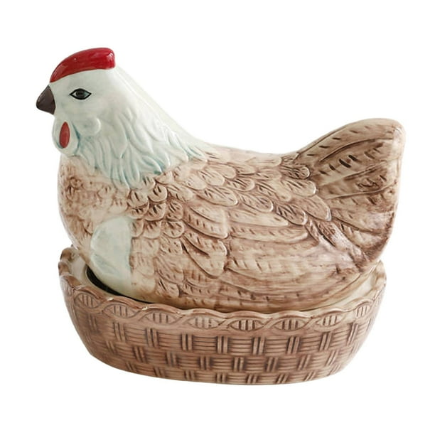 Cesta de almacenamiento de huevos con diseño de pollo, soporte para huevos de gallina con tapa para almacenamiento de huevos, contenedor de Cerámica Marrón