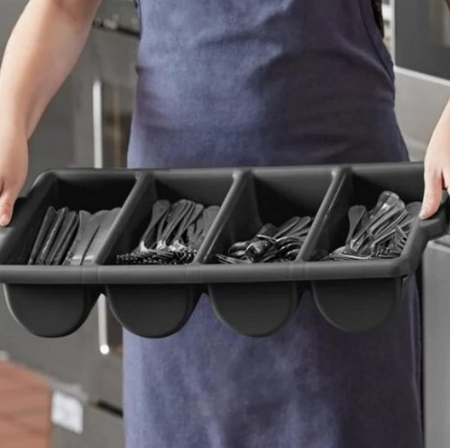 TrueCraftware- 4 Compartments Silverware Organizer Cutlery Tray Black Color 22-1/2" x 13" x 4"- Plastic Utensils Drawer Holder Cutlery Holder for Kitchen Home and Restaurant Organization