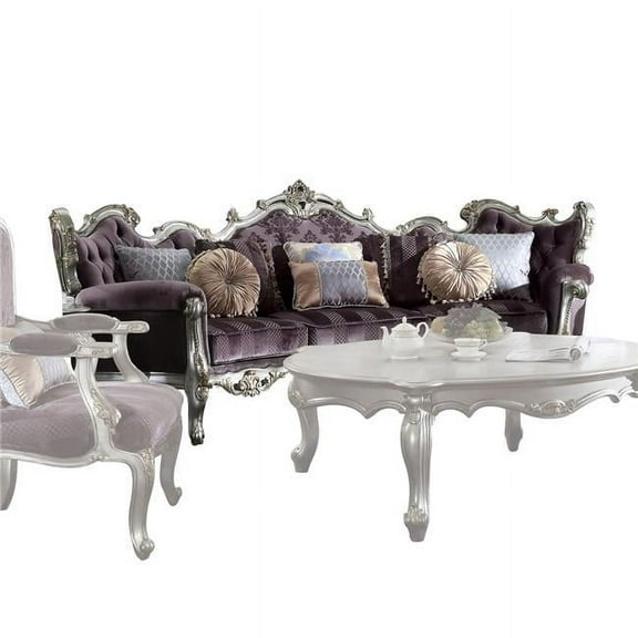 52 x 113 x 46 in. Velvet Antique Platinum Upholstery Poly-Resin Sofa with 8 Pillows