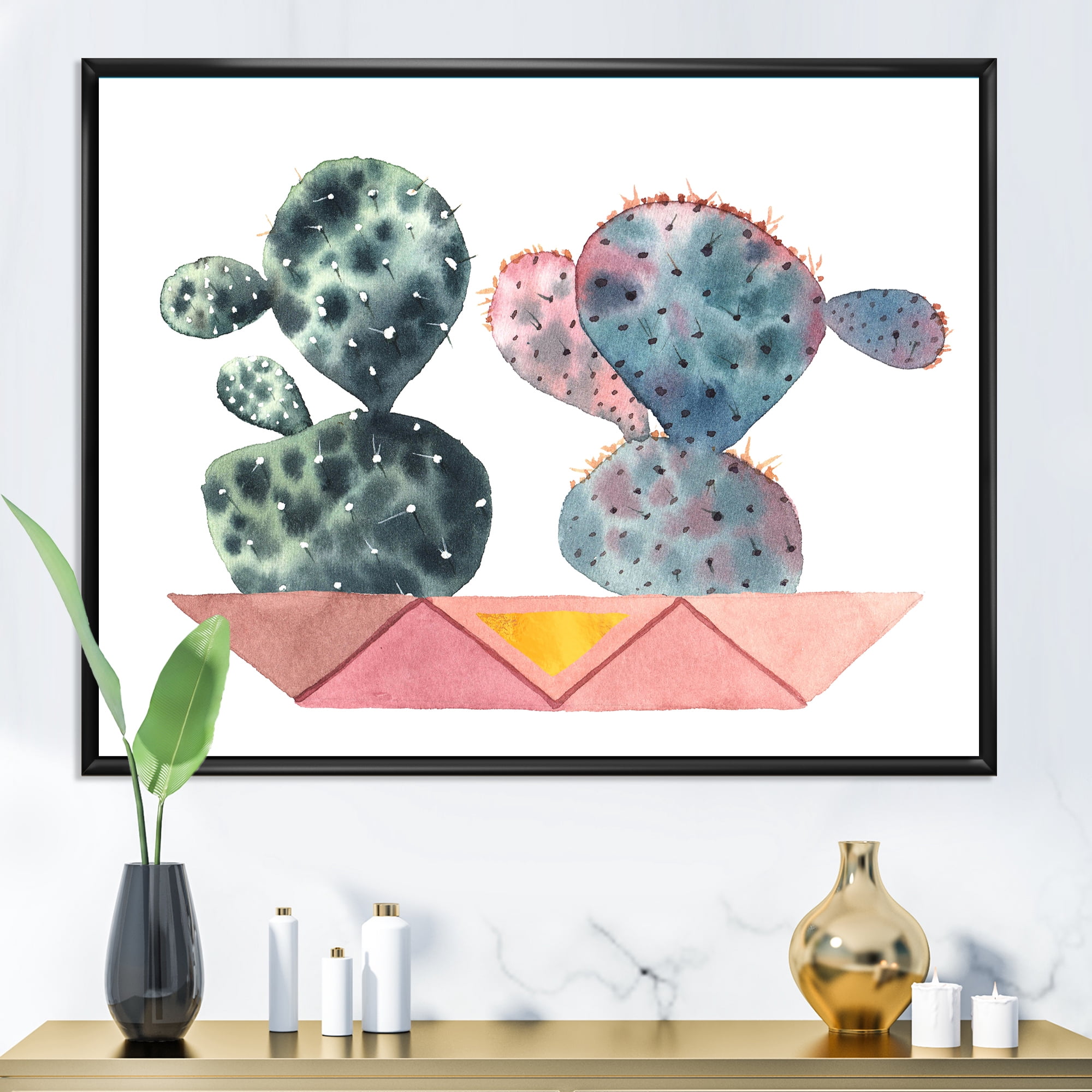 Designart 'Cactus Duo In Pink Pots Geometric' Modern Framed Canvas Wall Art Print
