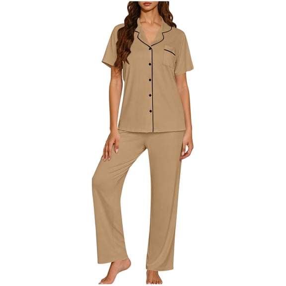 JSKUMAR Women's 2 Piece Pajamas Set Short Sleeve Button Down Shirt and Pajama Pants Soft Summer Pjs Lounge Sets Khaki|XL