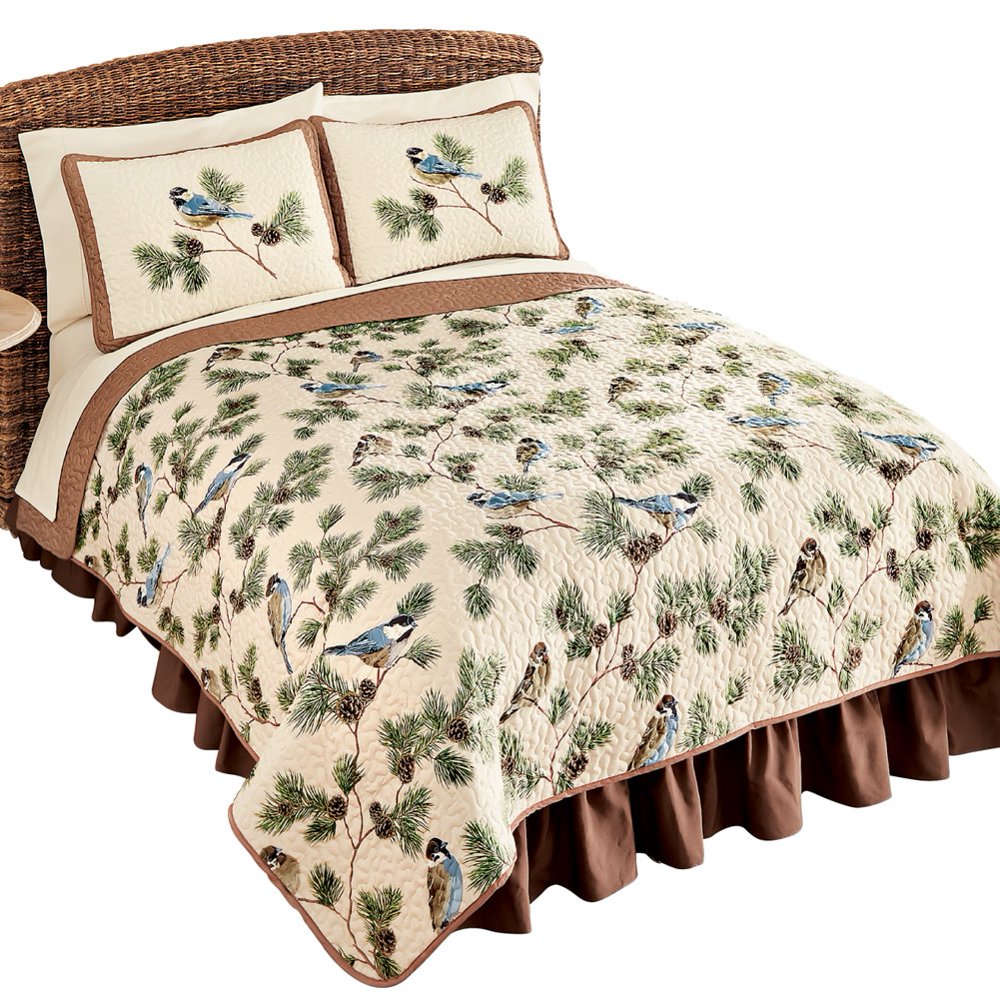 Woodland Birds And Pine Cones Quilted Bedspread Tan Full/Queen