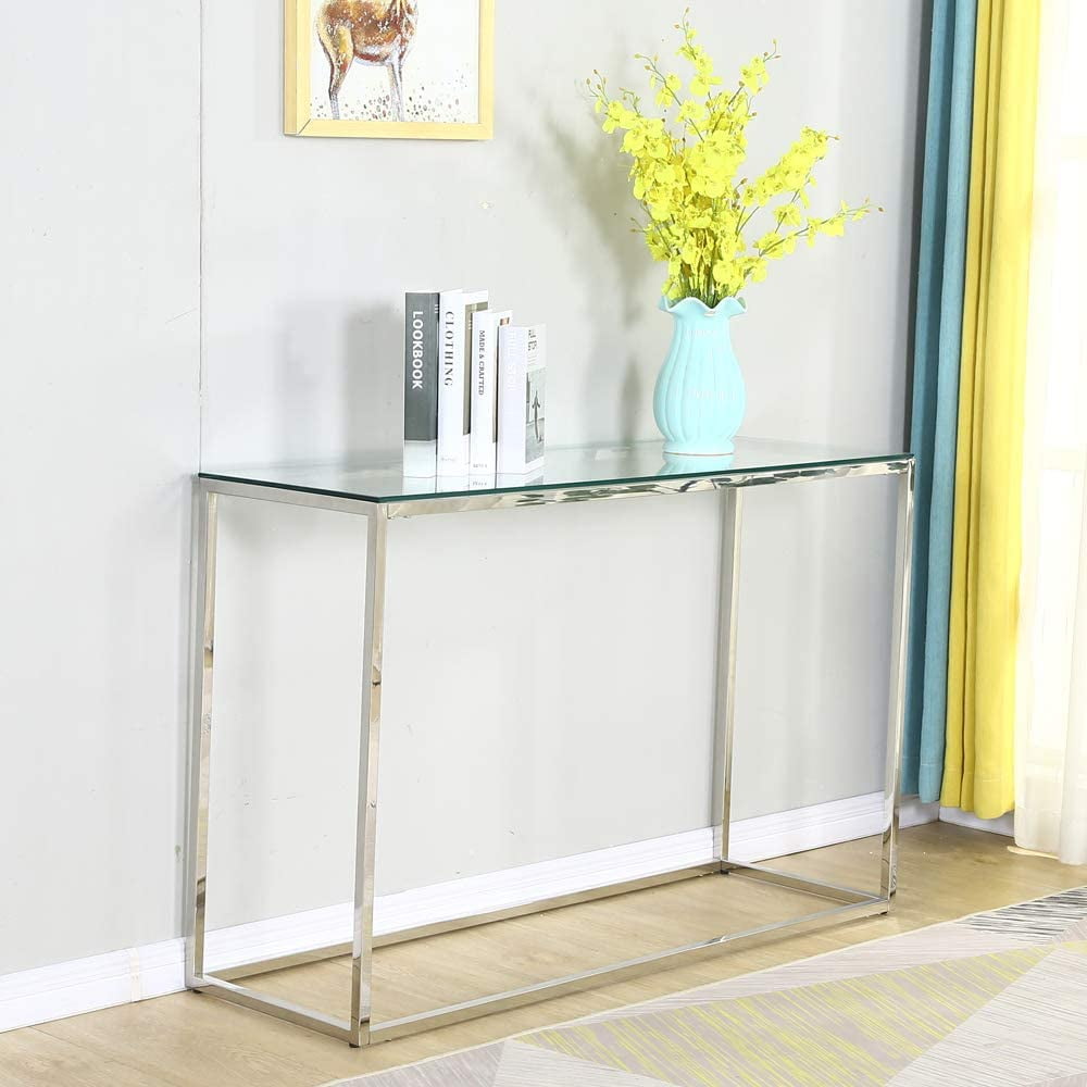 Narrow Console Table with Glass Top Sofa Table Accent Chrome Entryway